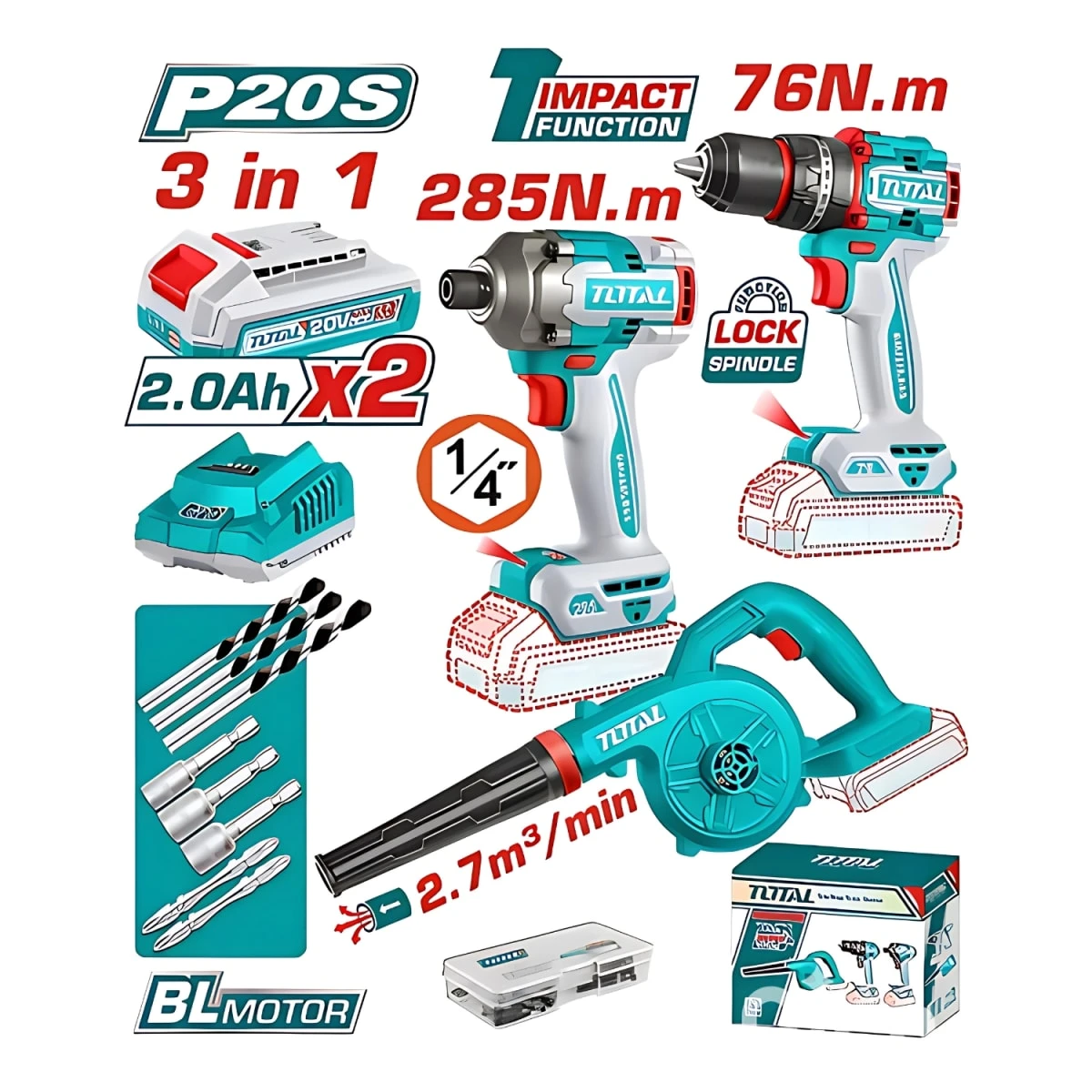 Combo taladro 76nm + atornillador de impacto 285nm + sopladora 20v total SKU: TOSLI250182