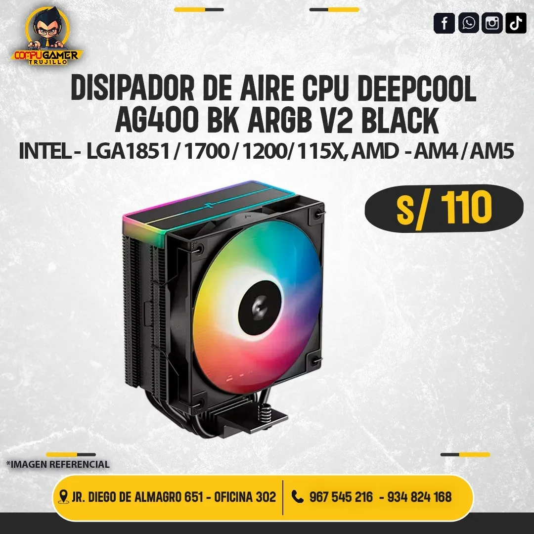 DISIPADOR DE AIRE CPU DEEPCOOL AG400 BK ARGB V2 BLACK 