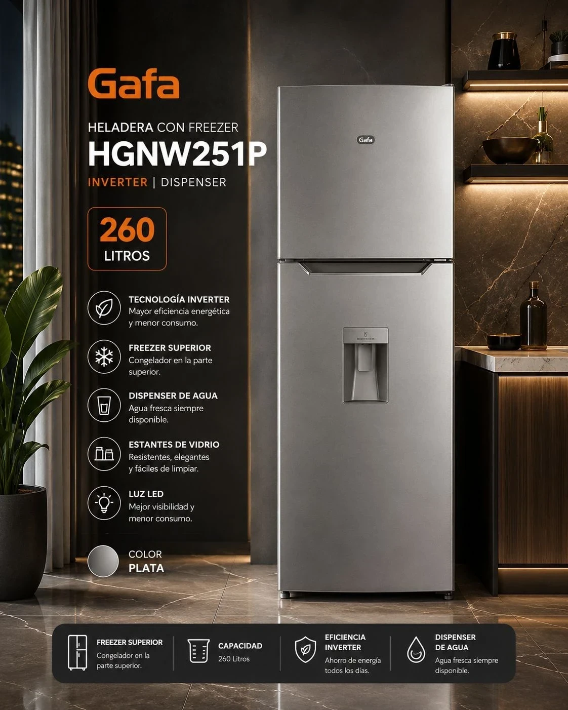 HELADERA GAFA INVERTER 260L SILVER C/DISPENSER ‼️SOLO POR PEDIDOS ‼️ 