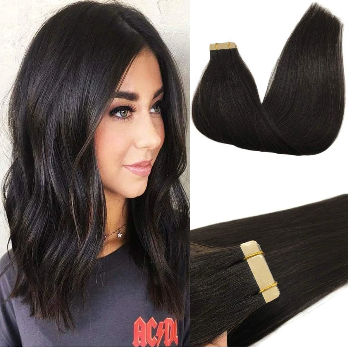 Extensiones adhesivas de cabello humano con cinta invisible, extremos gruesos, lacio, sin costuras, 1B negro natural, 1.76 oz, 12 pulgadas, 20 unidades