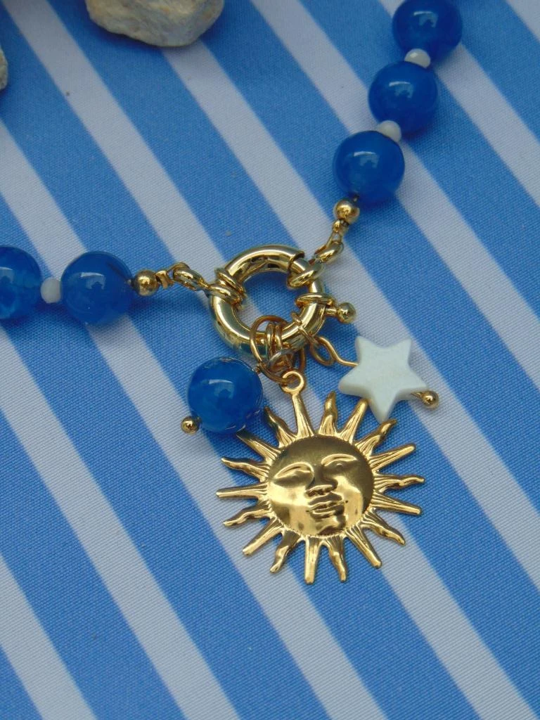 CHOKER ACERO DOR AGATA AZUL REY REDOND DIJE SOL BROCHE MARINERO 2