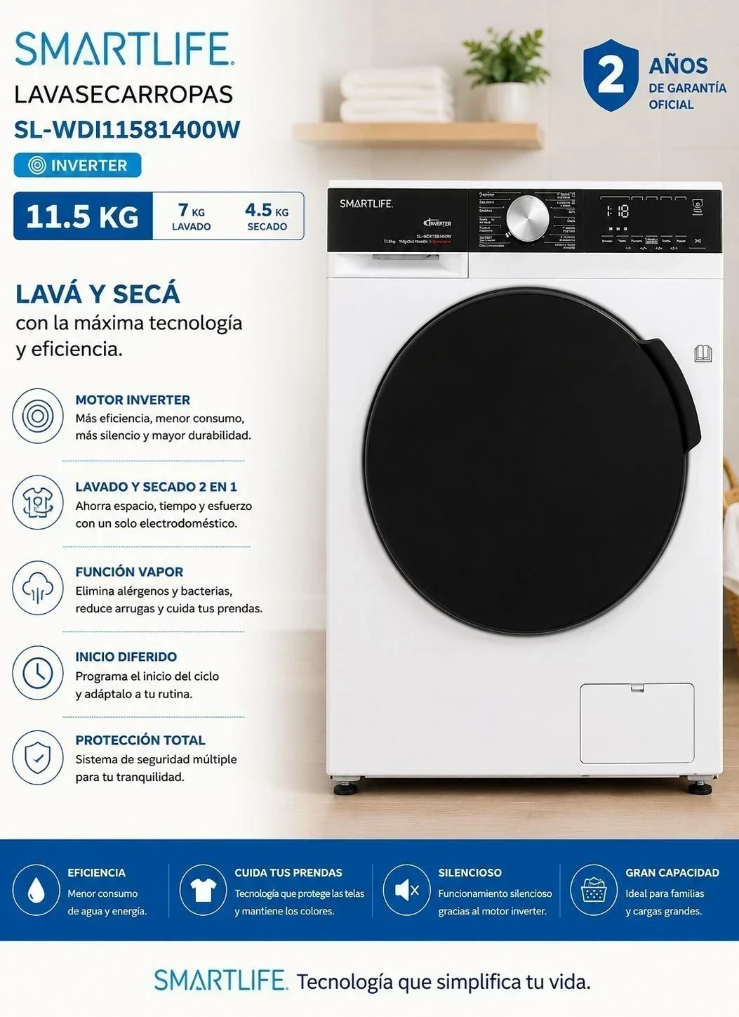 Lavasecarropas Smartlife 11.5KG Blanco* SL-WDI11581400W Inverter 