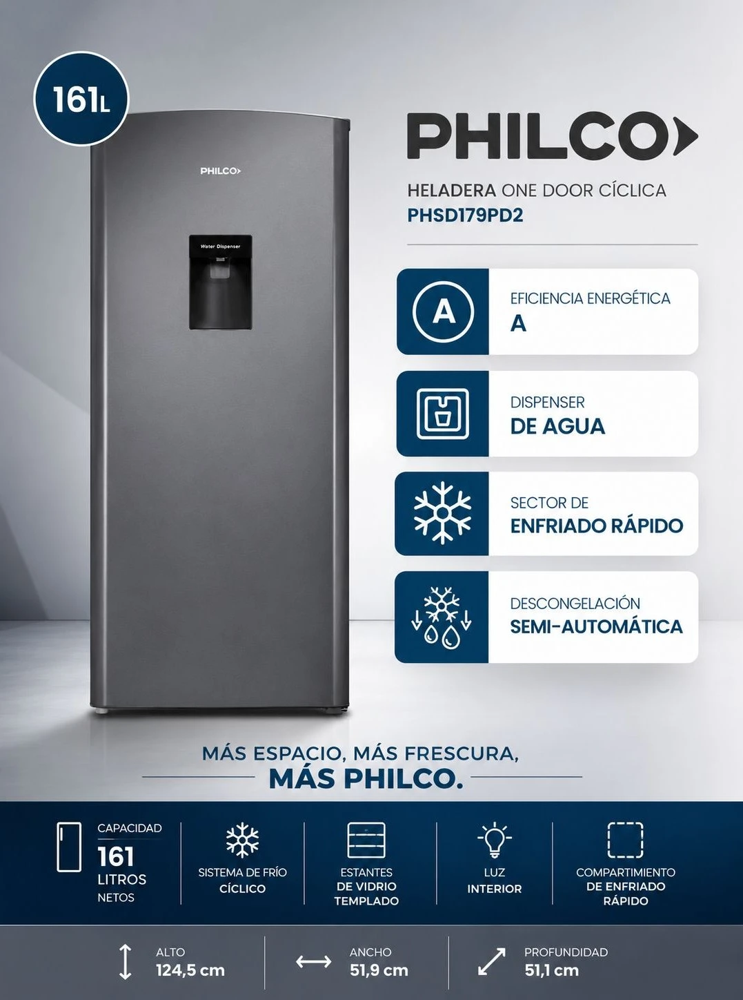 HELADERA PHILCO C/DISPENSER 161 LTS 