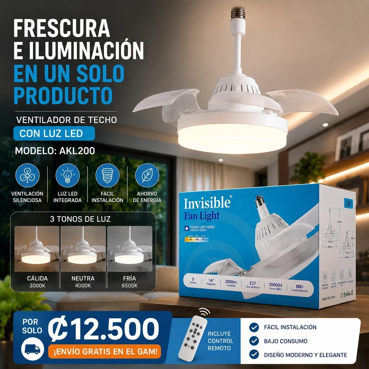 Ventilador de techo + luz LED AKL200