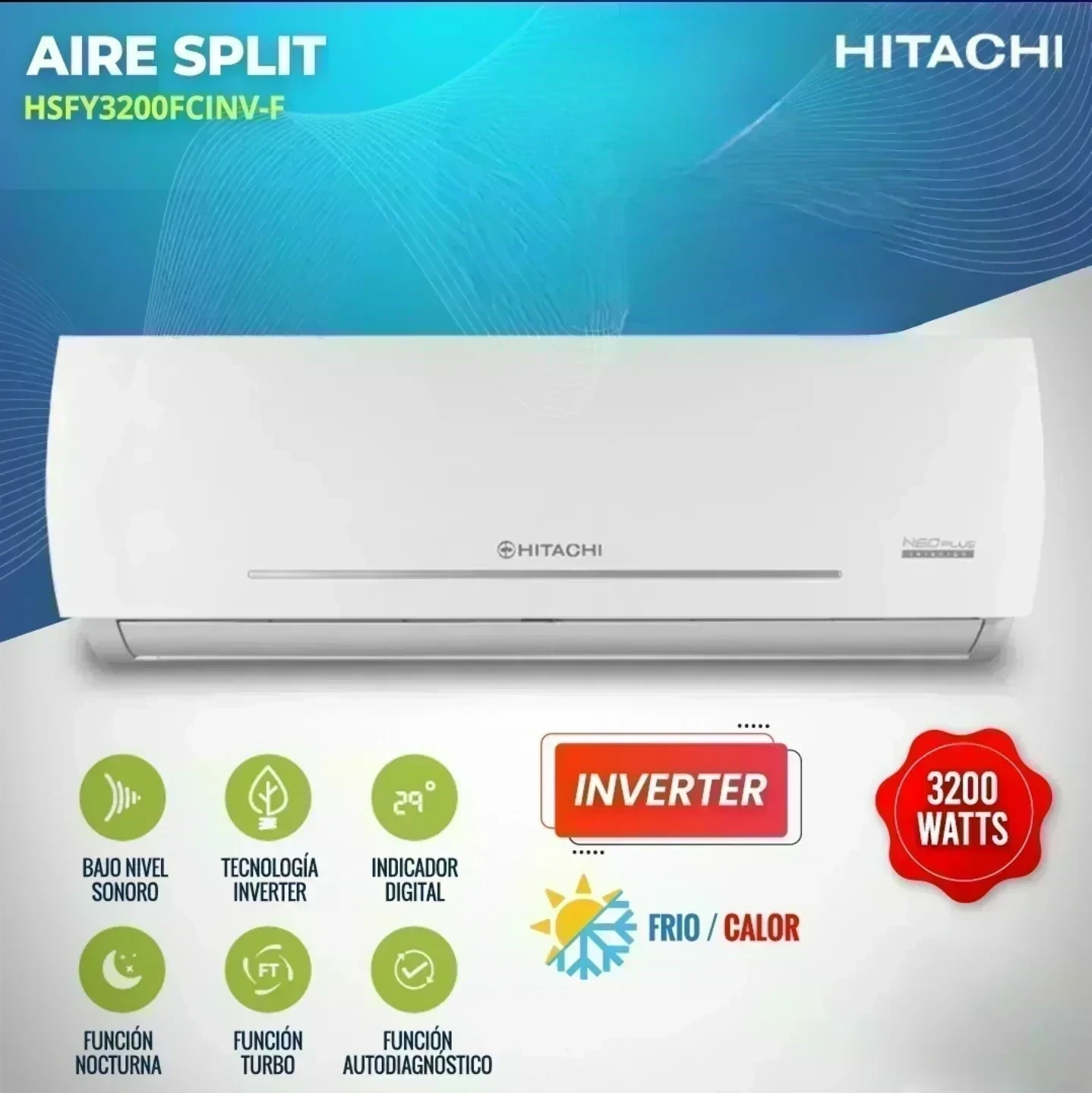A.Ac.Hitachi 3200w inverter frio/calor 