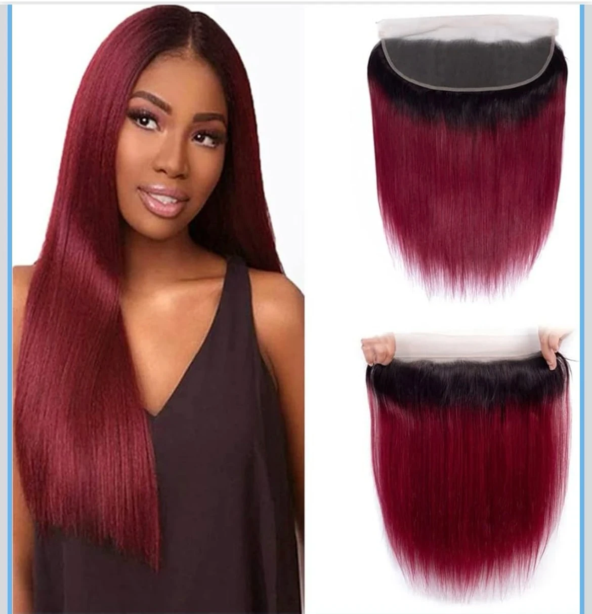 Cierre de frontal brasileño degradado 1B 99J recto 13x4 encaje frontal 100% cabello , línea de cabello prearrancado vino tinto 2 tonos 1b/99j frontal 1B cierre borgoña (16 pulgadas, 1b
