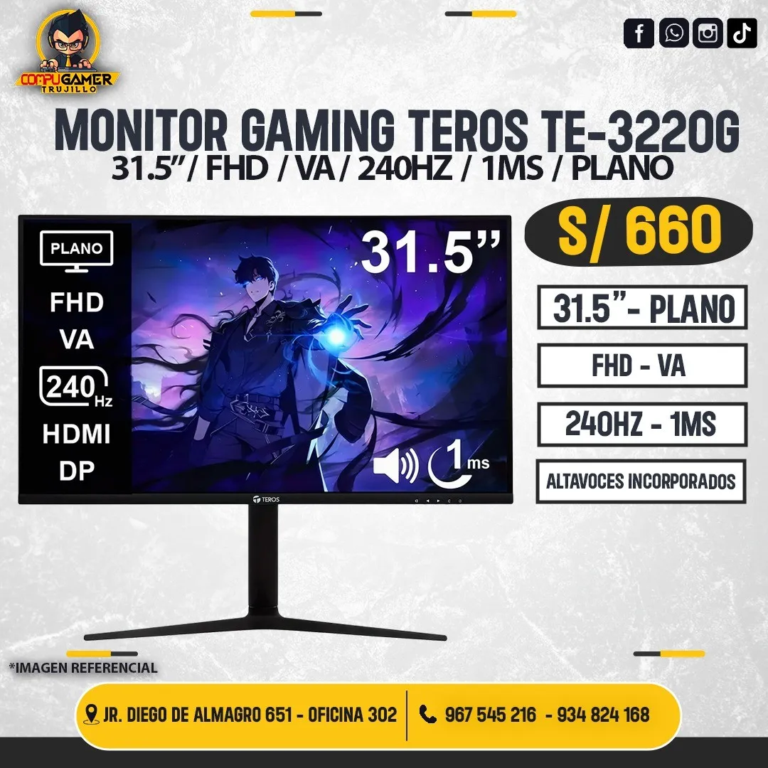 MONITOR GAMING TEROS TE-3220G, 31.5", FHD, VA, 240HZ, 1MS, PLANO 