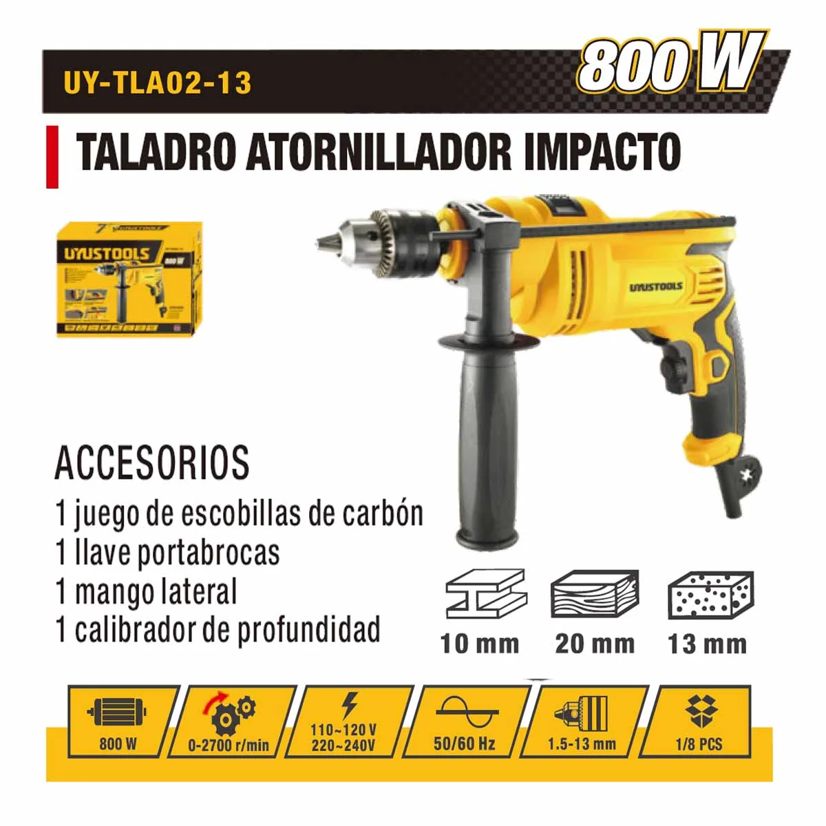 TALADRO ATORNILLADOR UYUST 13mm 800W