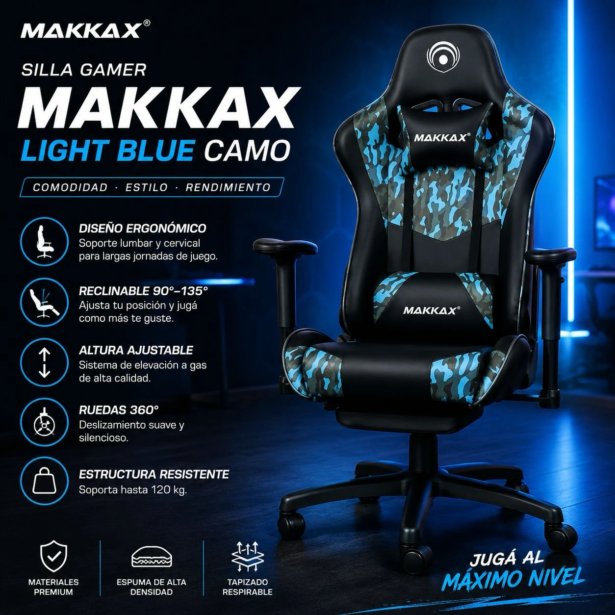 SILLA GAMER MAKKAX LITE BLUE CAMO