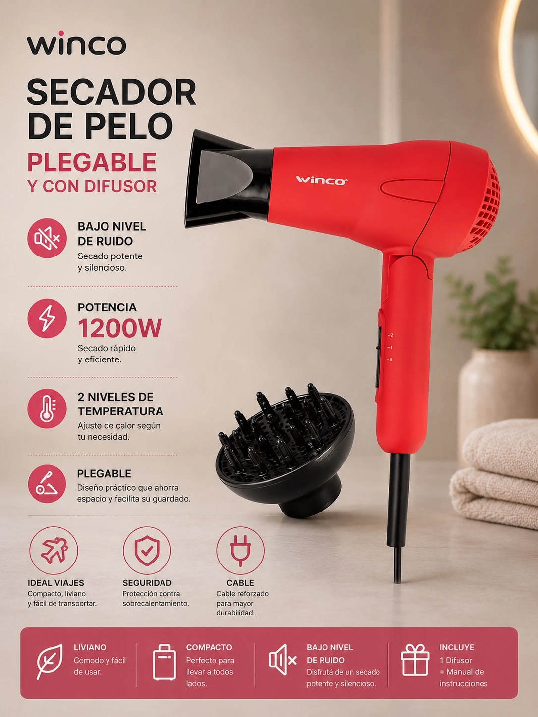  SECADOR DE PELO PLEGABLE CON DIFUSOR 