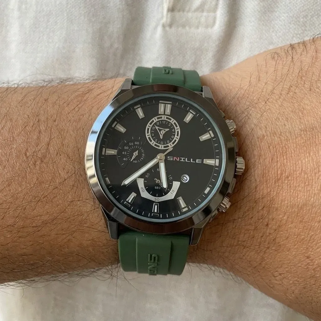 Reloj Snille Original Pulso Silicona Análogo Negro Verde 2