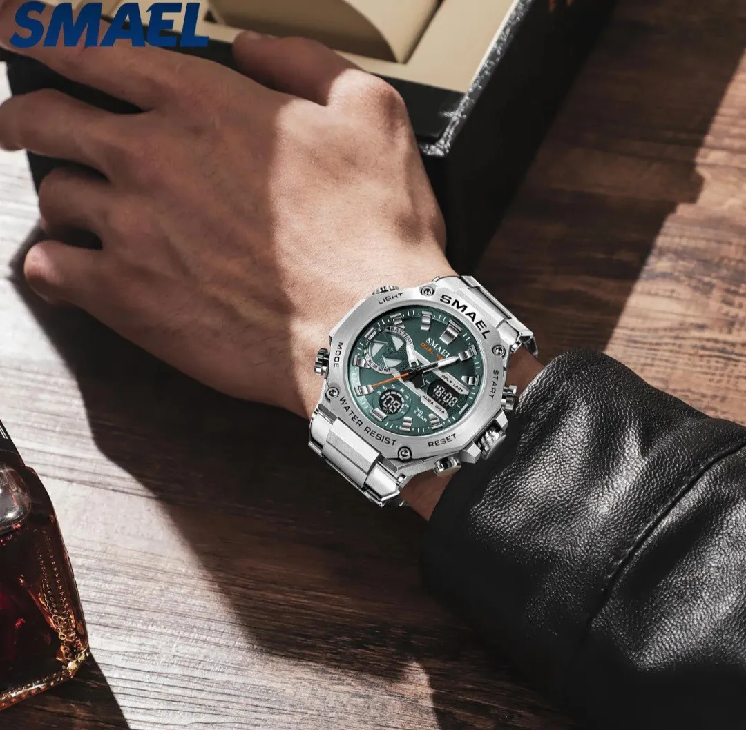 Reloj Smael Original Acero Doble Hora 8097 Sumergible Plateado Fondo Verde 2