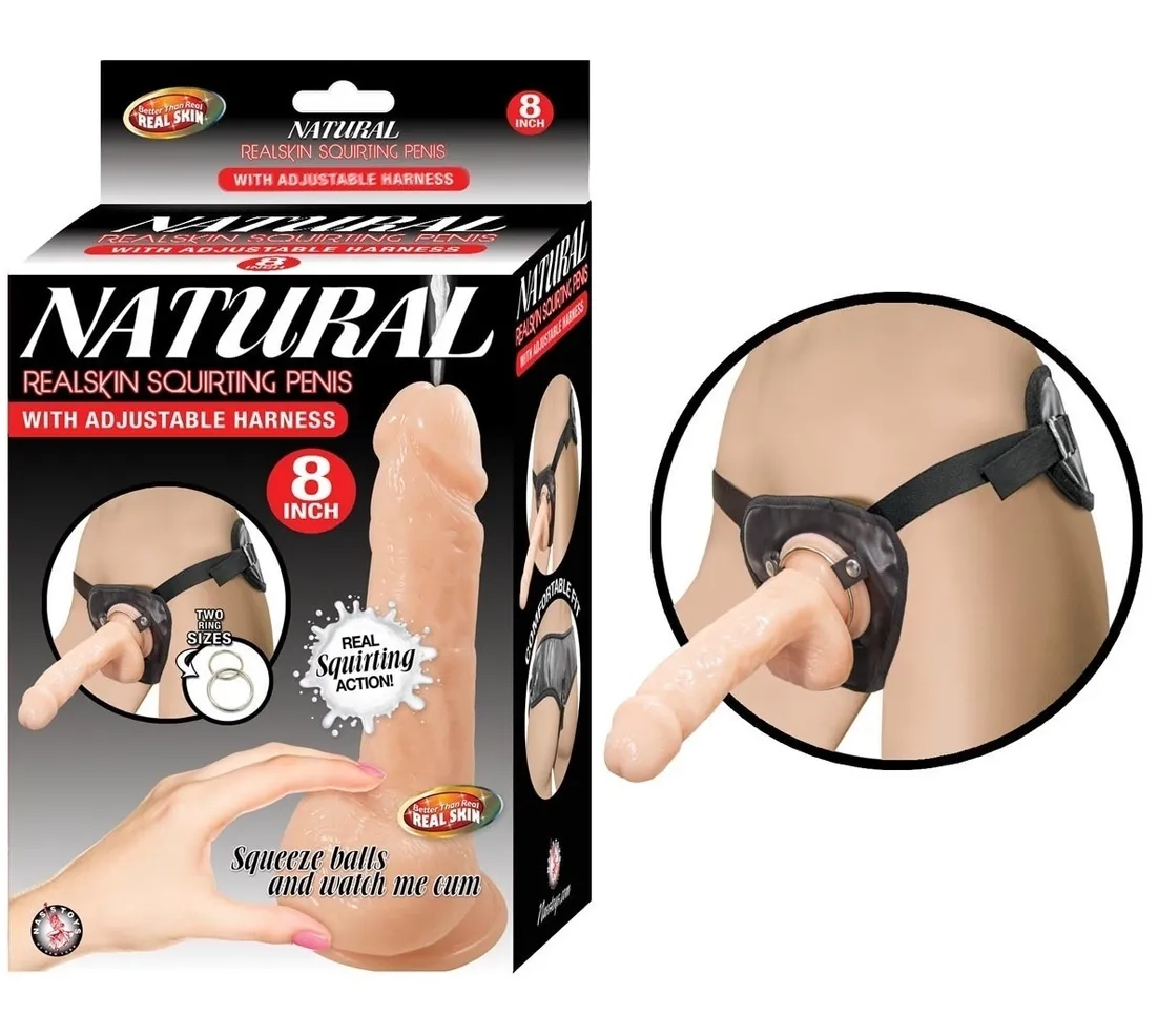 Realskin Squirting Penis with Adjustable Harness 8"