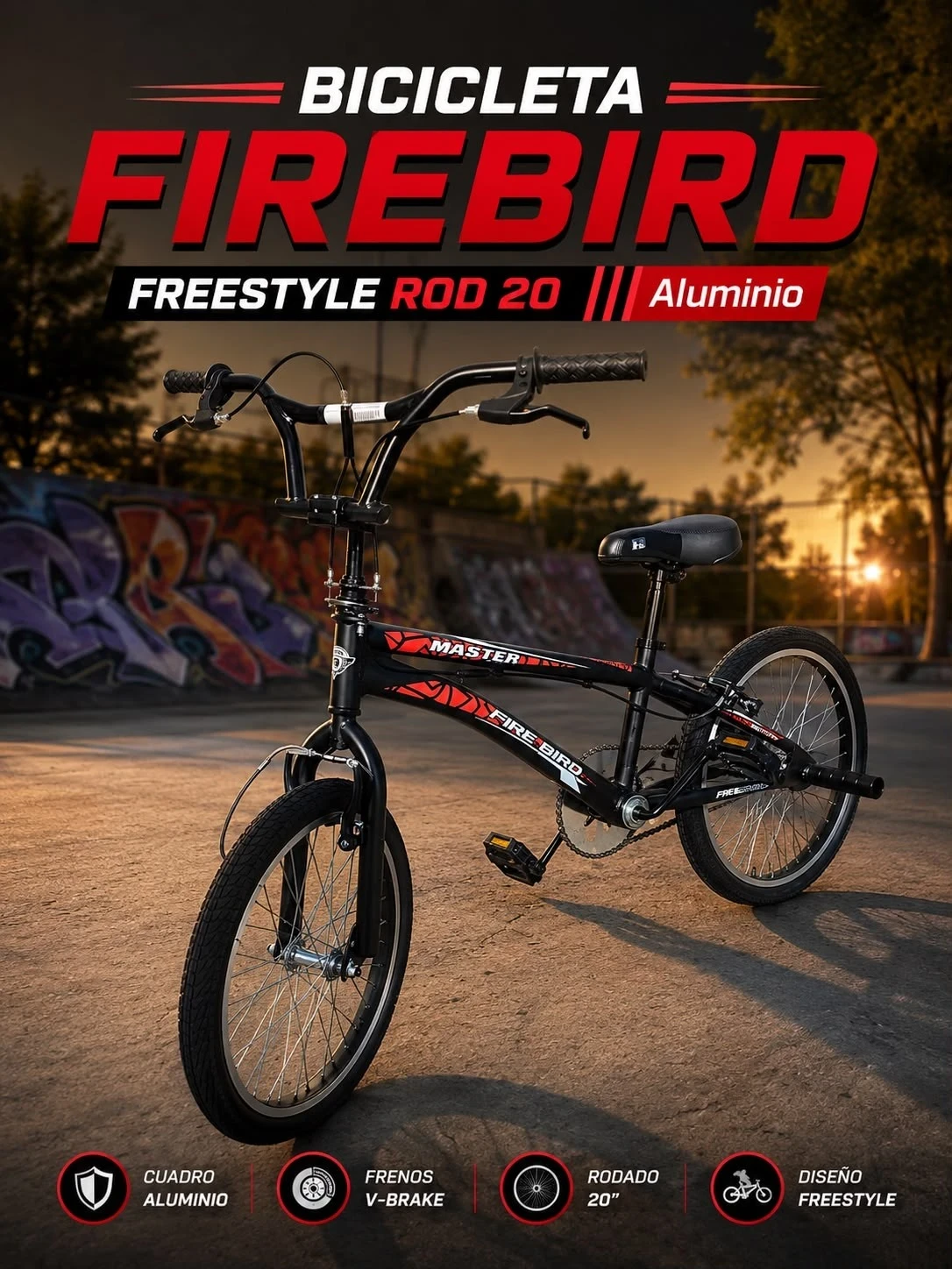 BICICLETA FIREBIRD MASTER RODADO 20 FREESTYLE COLOR NEGRO/ROJO