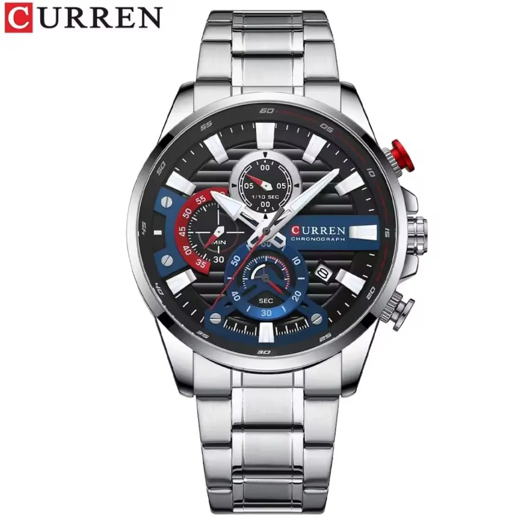 Reloj Curren Original Acero Cronografo 8415 Plateado Fondo Negro Azul Rojo 3