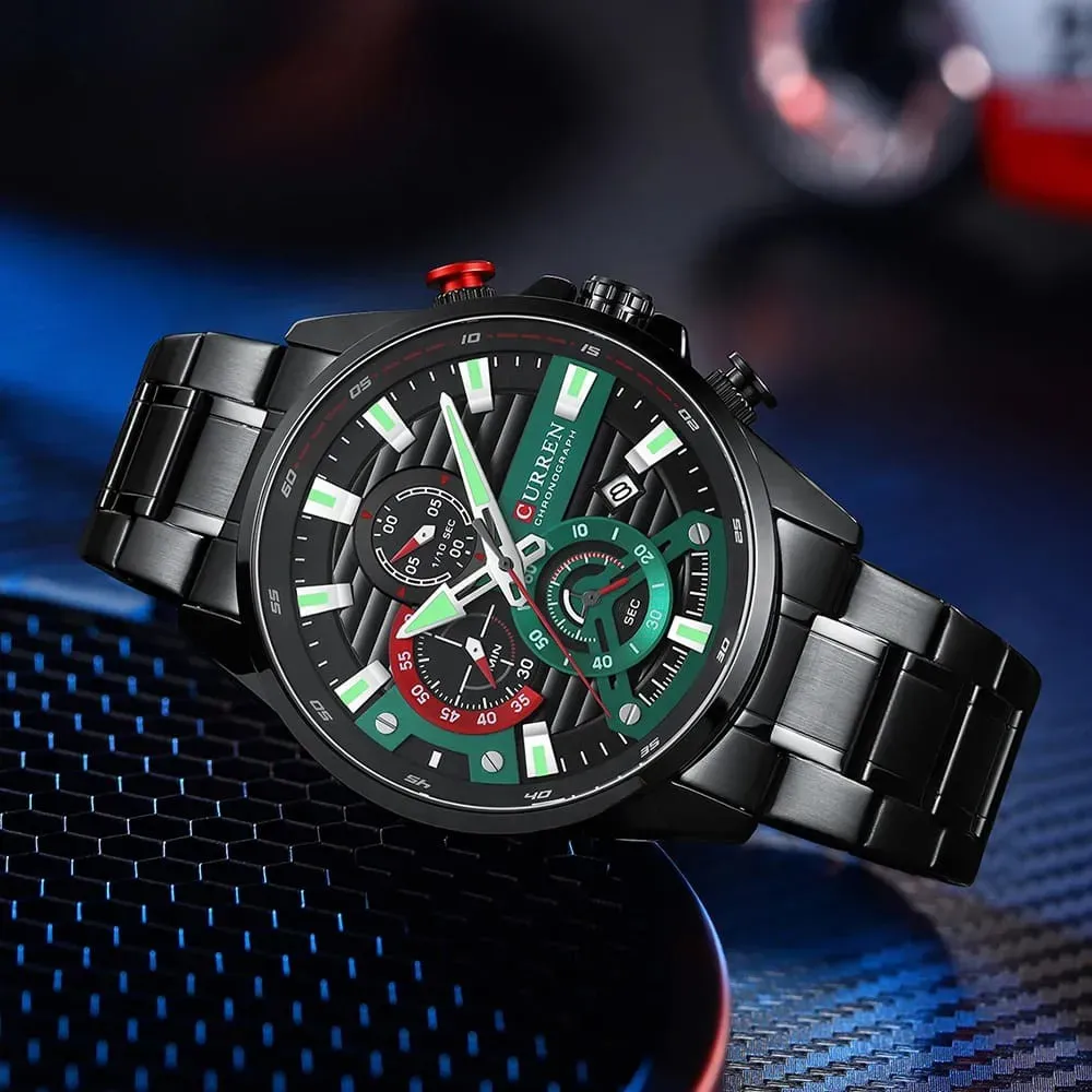 Reloj Curren Original Acero Cronografo 8415 Negro Fondo Negro Verde Rojo 4