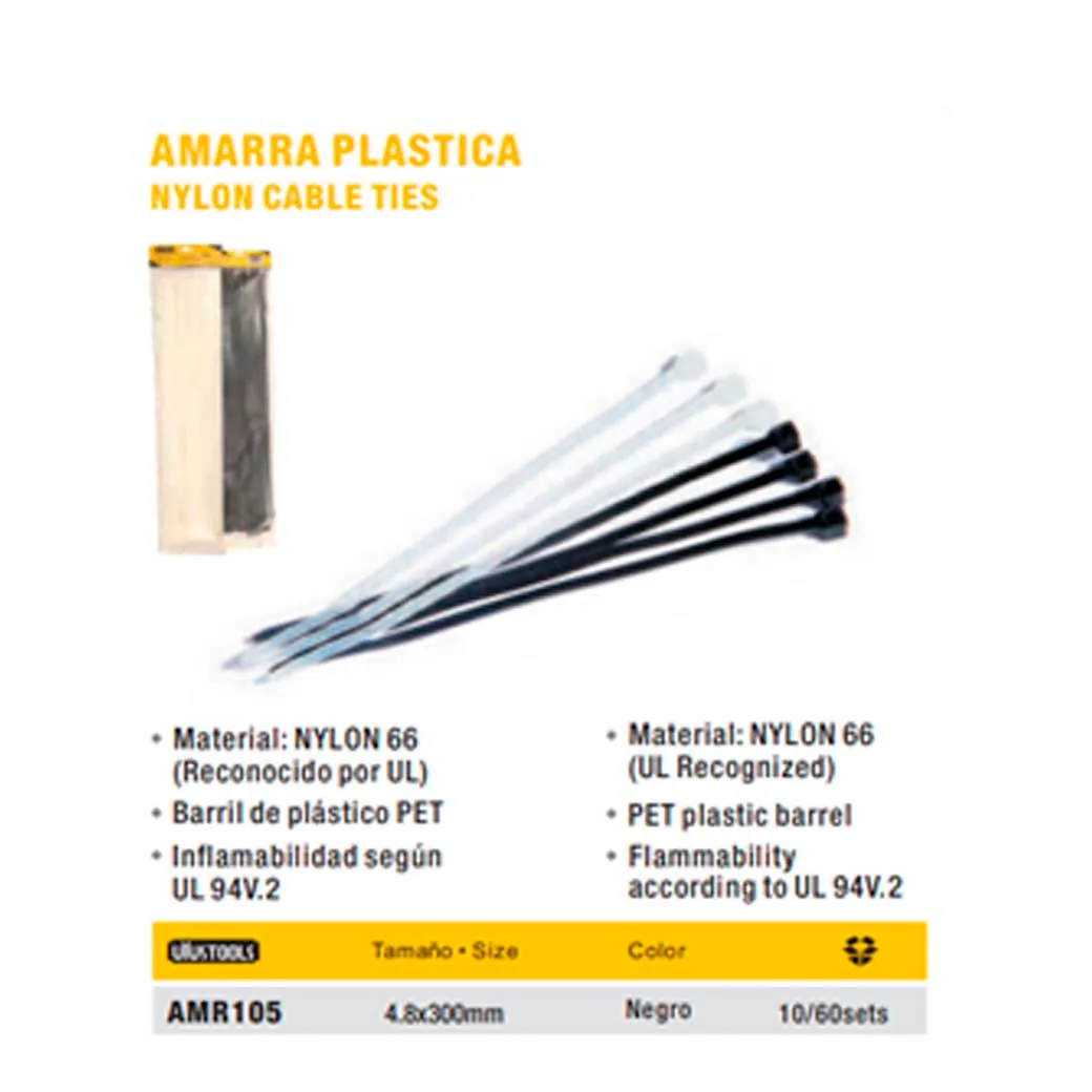 PRECINTO (Amarra) PLASTICO Negro UYUST 4.8x300mm (100pz/bol)
