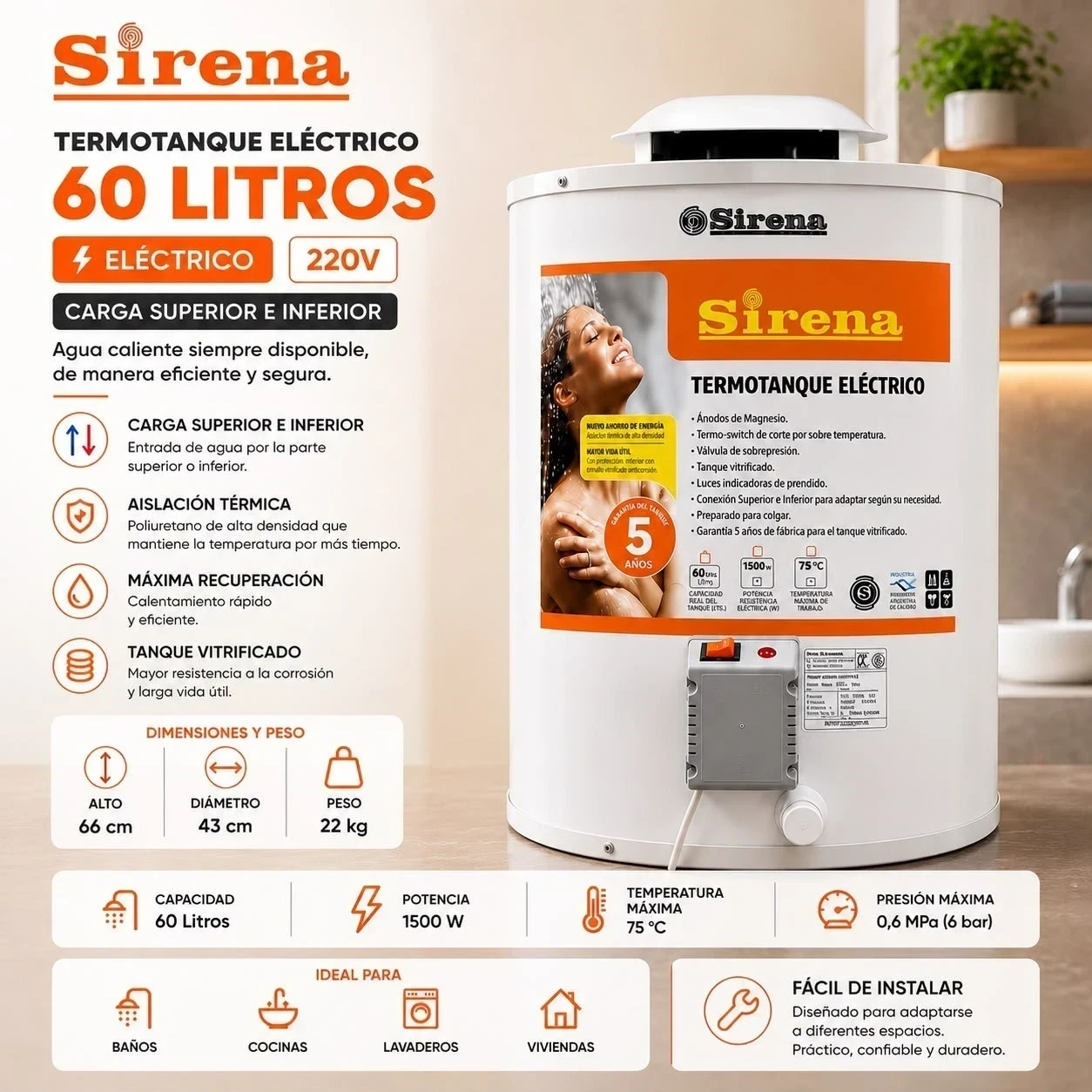 Termotanque eléctrico SIRENA 60L CARGA SUPERIOR