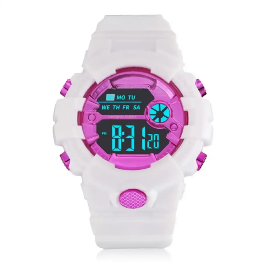 Reloj Deportivo Digital Redondo Blanco Fucsia
