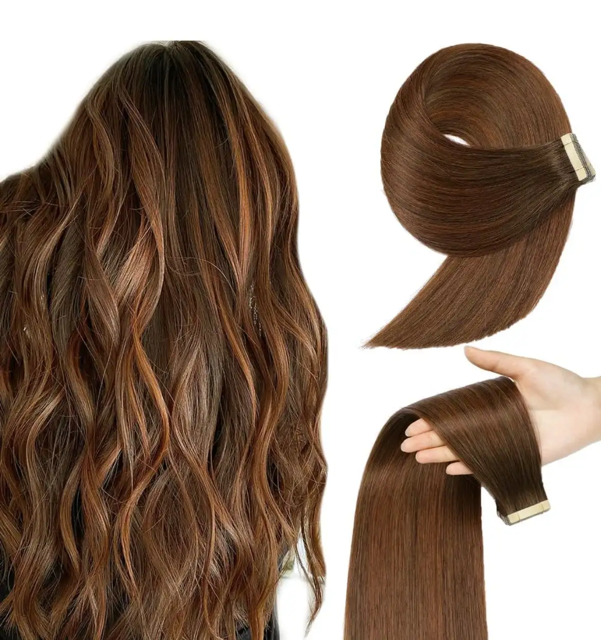 Extensiones de cabello adhesivas, 20 piezas de 20 pulgadas, extensiones de cabello humano Remy con cinta adhesiva invisible color castaño chocolate y castaño oscuro (4/4/33#,