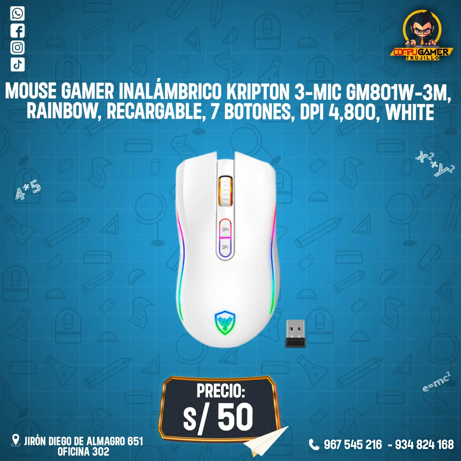 MOUSE GAMER MICRONICS INALÁMBRICO KRIPTON 3- MIC GM801W-3M WHITE 