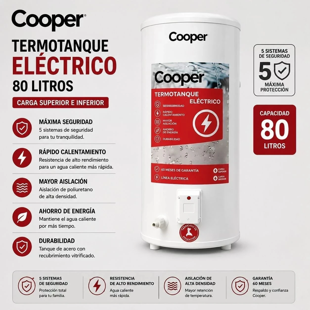 TERMOTANQUE ELÉCTRICO COOPER 80 LTS CARGA SUPERIOR E INFERIOR