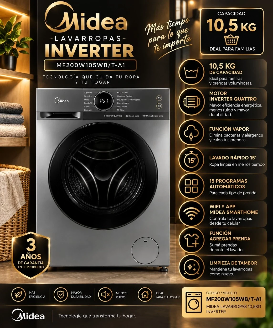 LAVARROPAS MIDEA 10,5 KILOS CARGA FRONTAL SILVER CONSULTAR DISPONIBILIDAD CON EL VENDEDOR 
