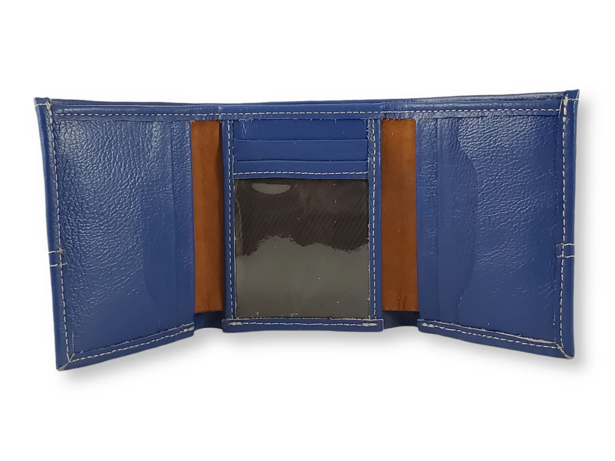 Billetera trifolio azul costura beige  2
