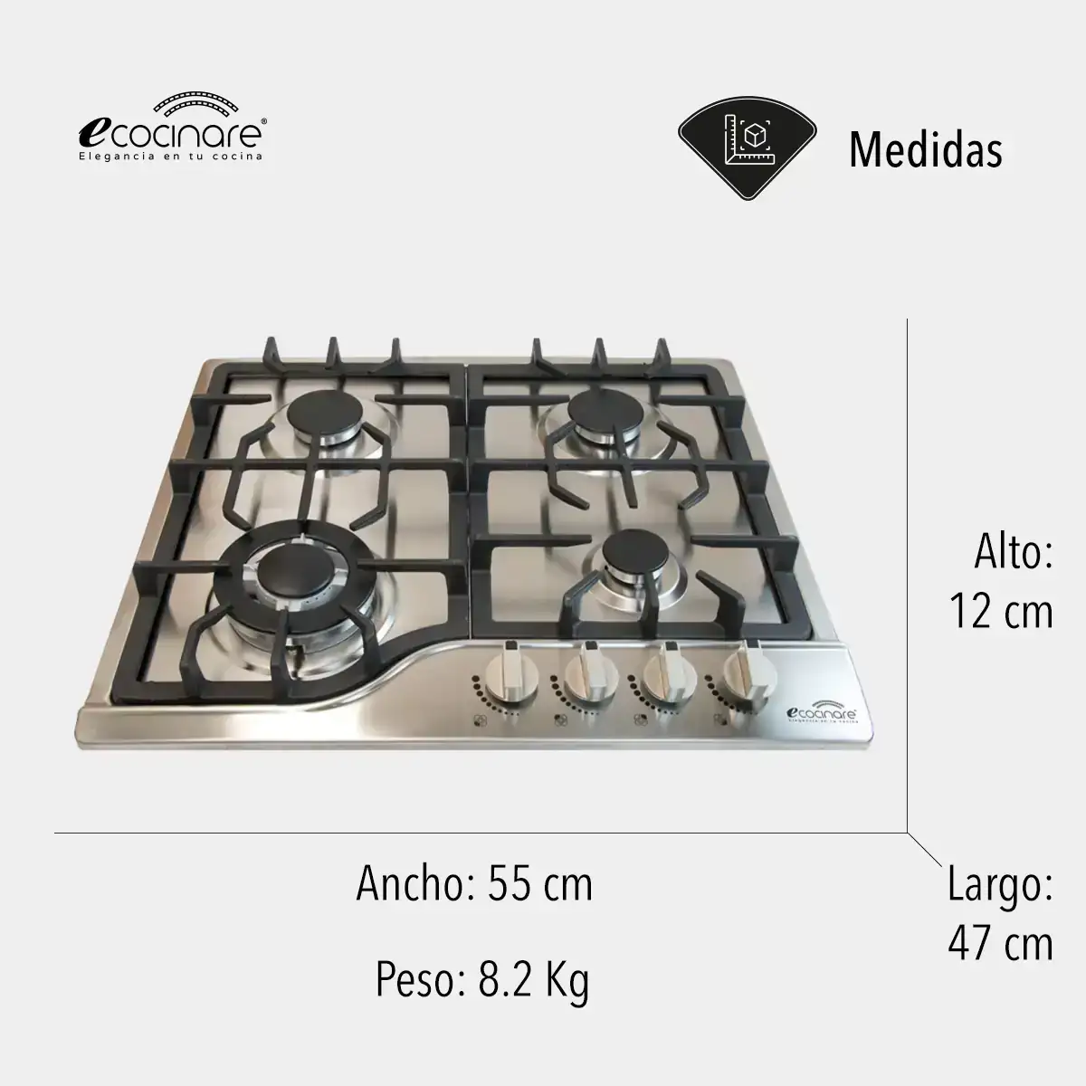 Parrilla empotrable de acero inoxidable  4 quemadores  4