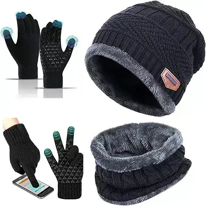 Gorro Invierno Bufanda y Guantes Tactiles,Gorros con Tejido de Punto y Bufandas con Forro de Lana para Hombres y Mujeres,Set de bufanda, Gorro y Guantes para  Esquiar