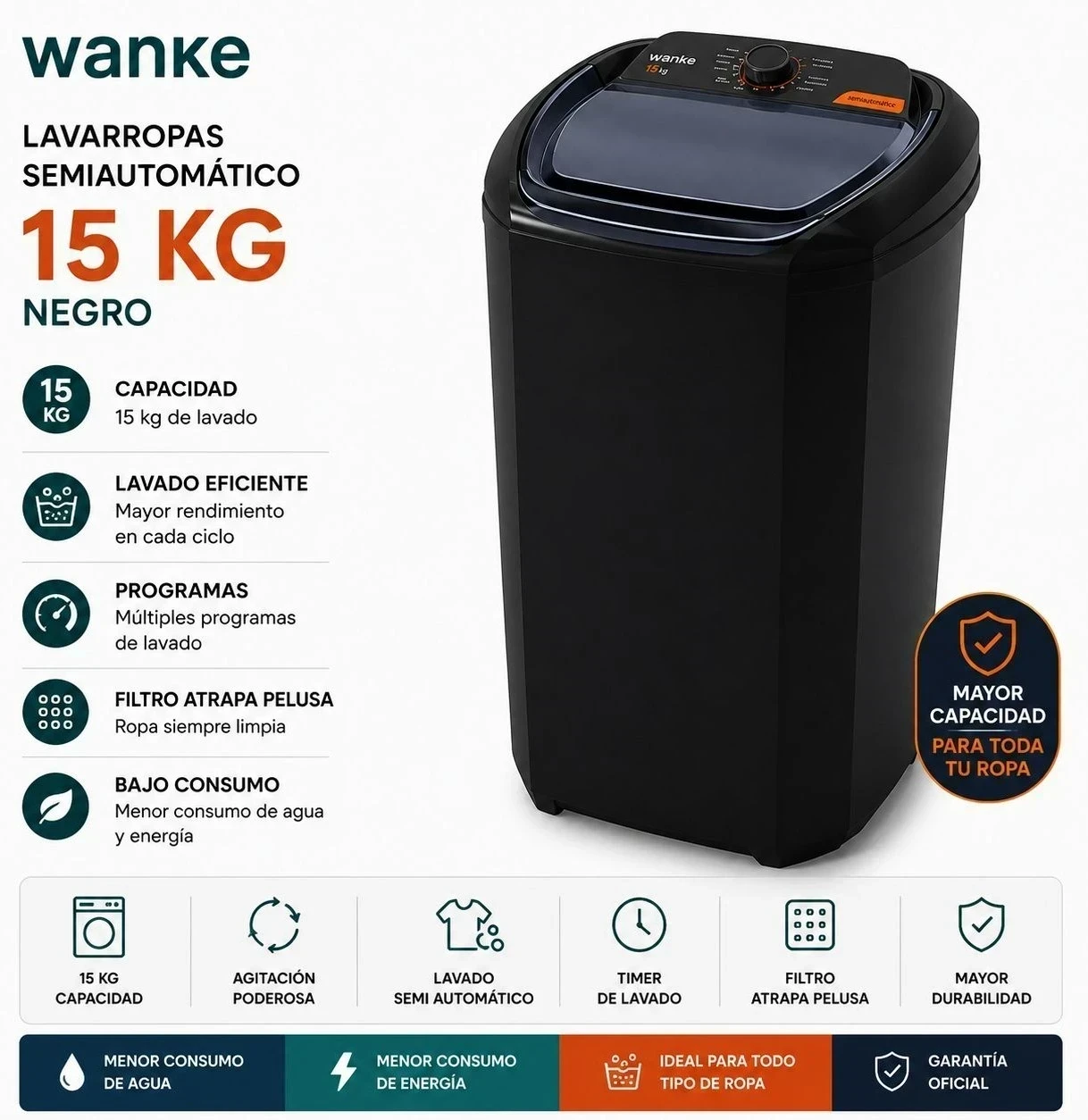 Lavarropas Semiaut. 15 kg Premium Wanke LWBE150T3EARB Negro