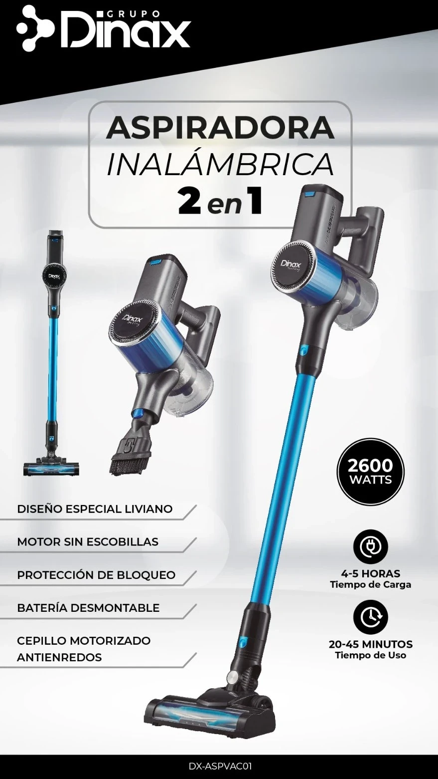 ASPIRADORA DINAX INALAMBRICA 2 EN 1 2600W