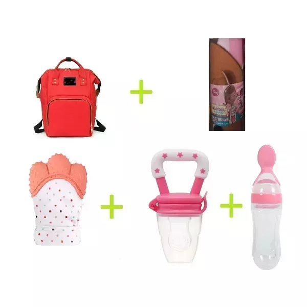 Combo para bebé pañalera,mordedera, chupón y frasada