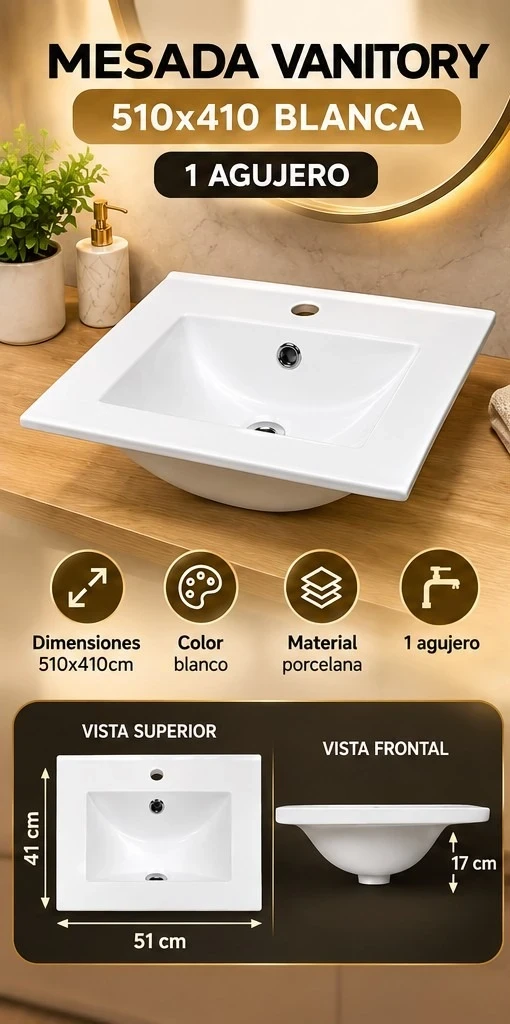 MESADA VANITORY 510×410 – 1 AGUJERO *CONSULTA DISPONIBILIDAD CON EL VENDEDOR*