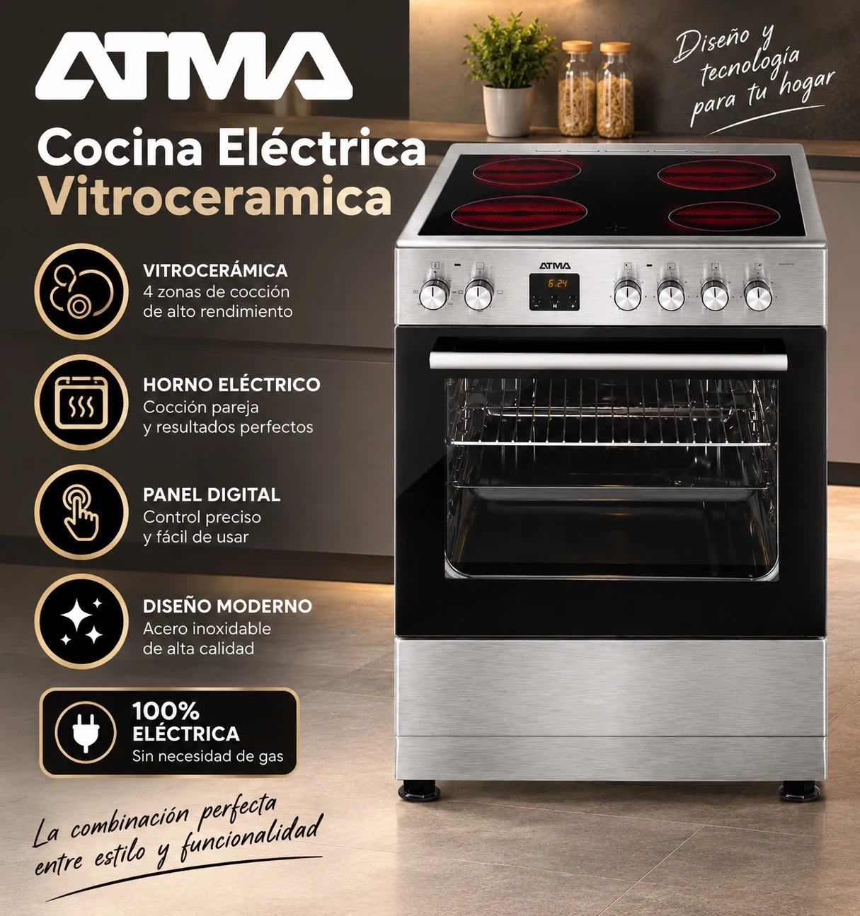 COCINA ELECTRICA ATMA 4 HORNALLAS VITROCERAMICA INOX ‼️SOLO POR PEDIDO‼️
