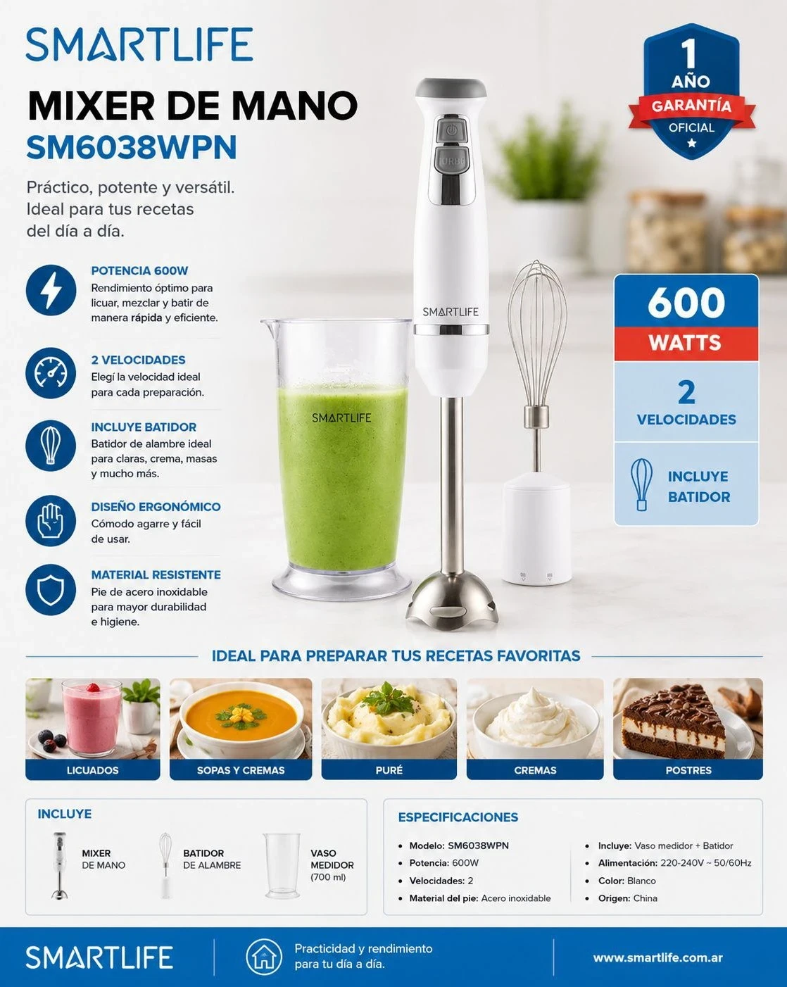 Licuadora De Mano Smartlife Blanca Sm6038w 600w
