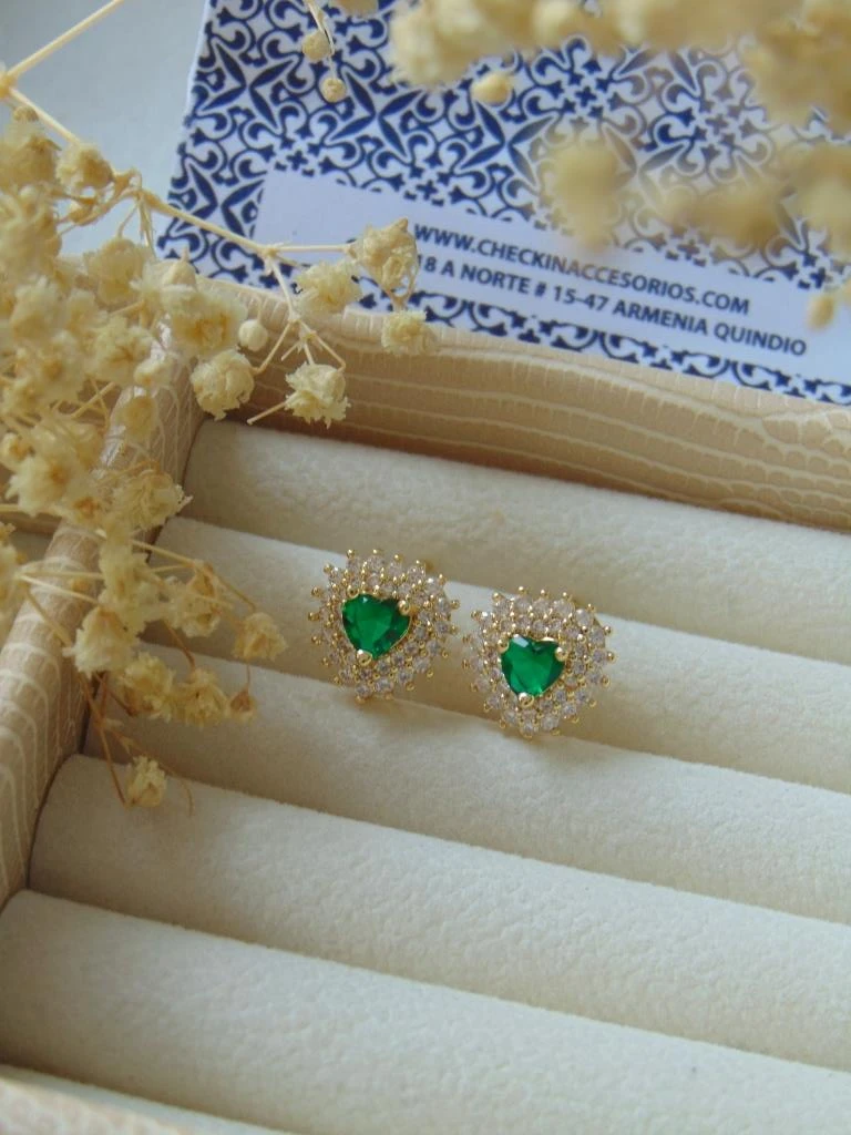 TOPOS RODIO DOR CORAZON VERDE MICROCIRCONES BLANCO