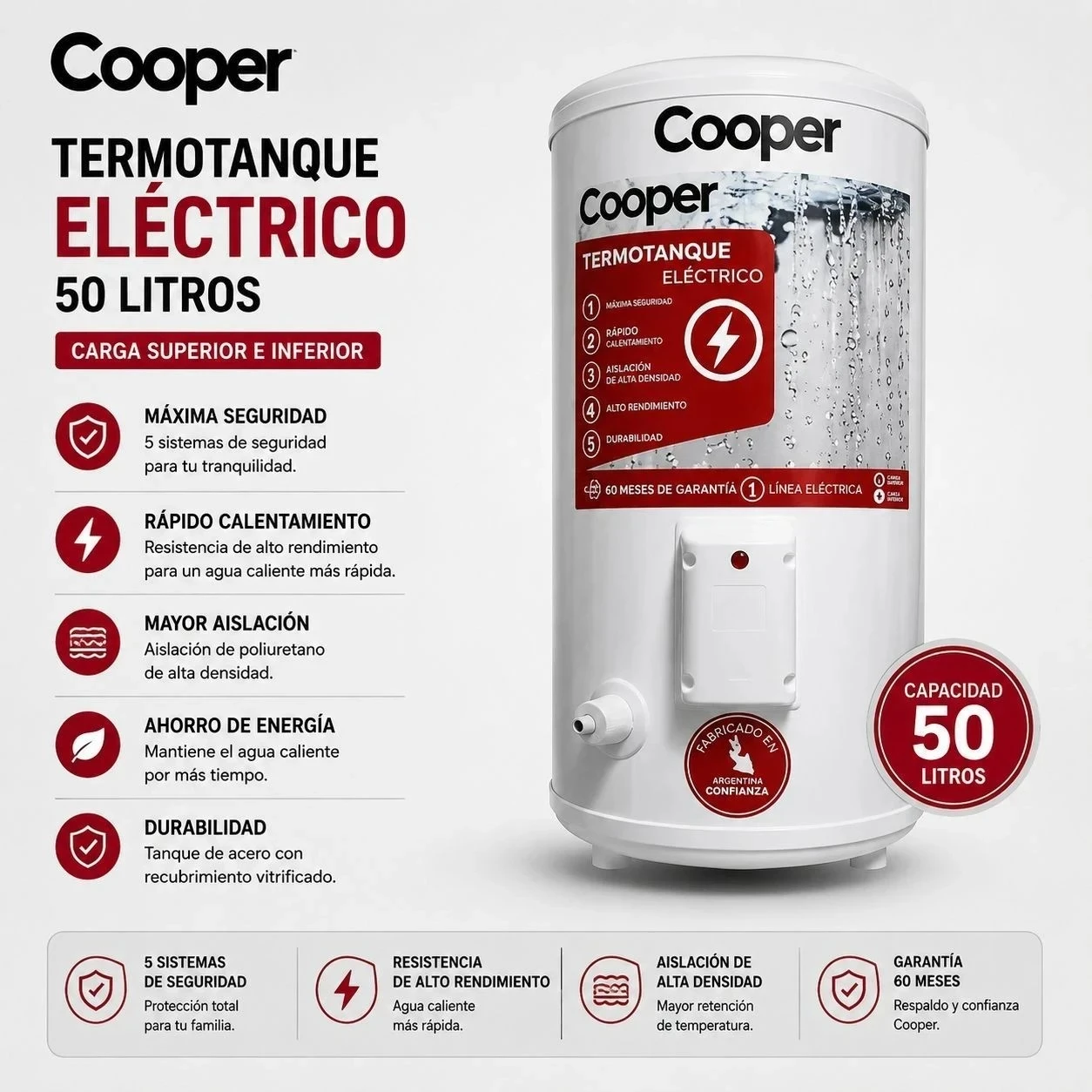 TERMOTANQUE ELÉCTRICO COOPER 50 LTS CARGA SUPERIOR E INFERIOR