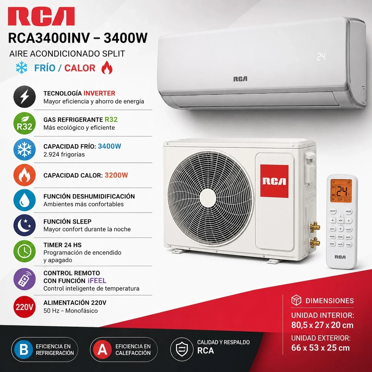 AIRE ACONDICIONADO RCA 3400W INVERTER FRIO/CALOR - RCA3400INV 