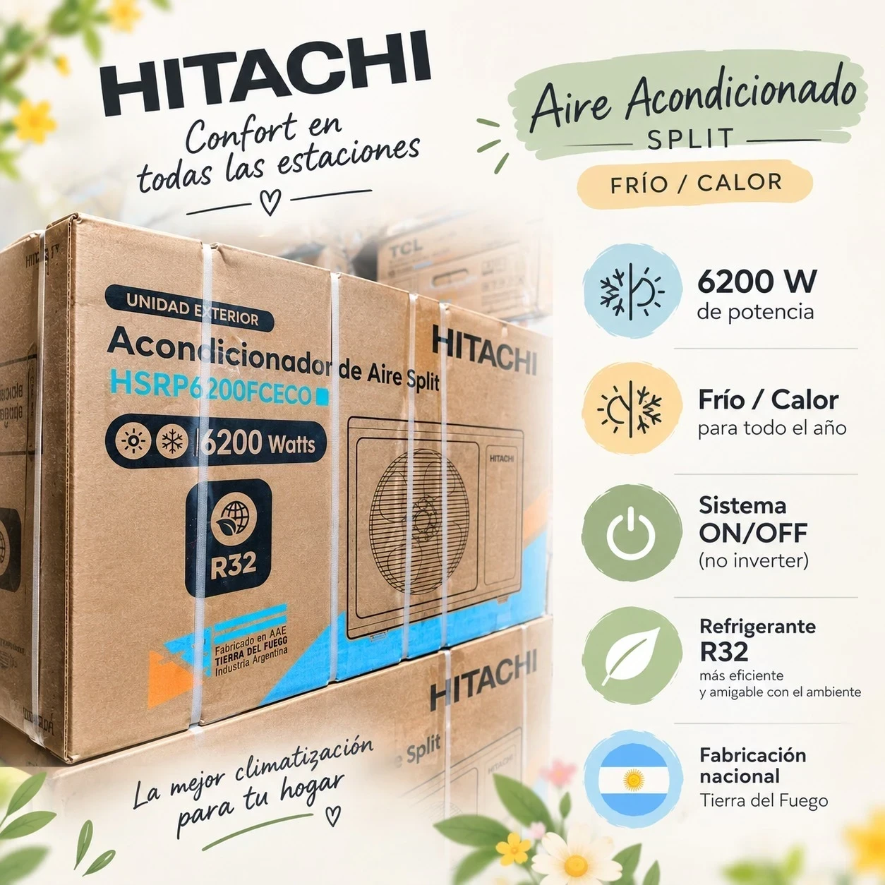 AIRE ACONDICIONADO HITACHI ECO 6200W ON/OFF FRIO/CALOR HSRP6200FCECO