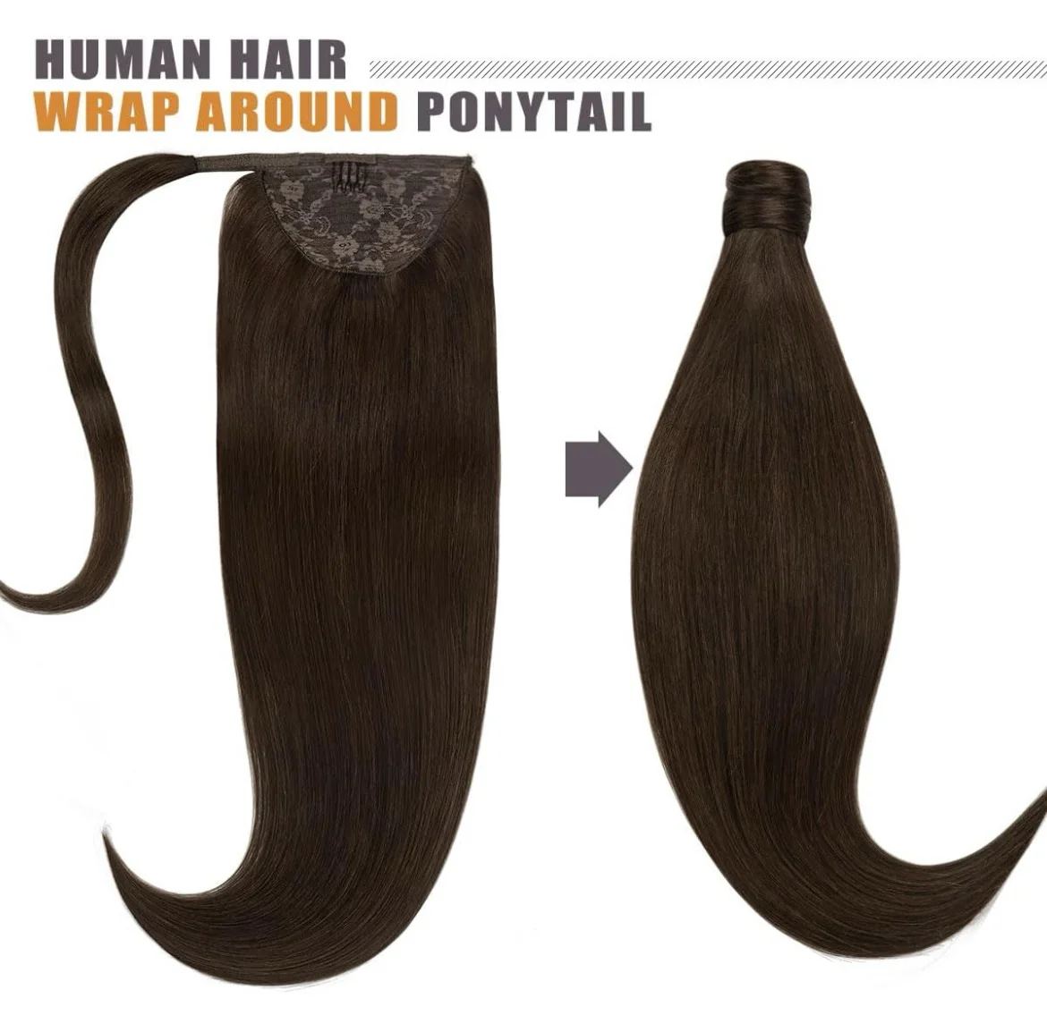 Extensiones de cola de caballo de cabello humano castaño oscuro de 14 pulgadas, 2.47 onzas, extensiones de cabello humano Remy envolvente, cola de caballo con pasta mágica, una pieza recta 2