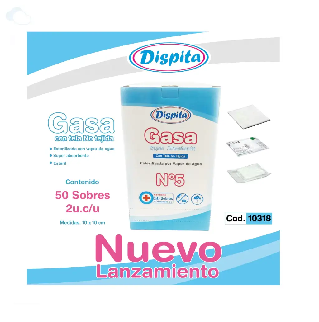 Gasa Esterilizada Por Vapor De Agua, Sobres de 2 Unid 10x10cm Dispita