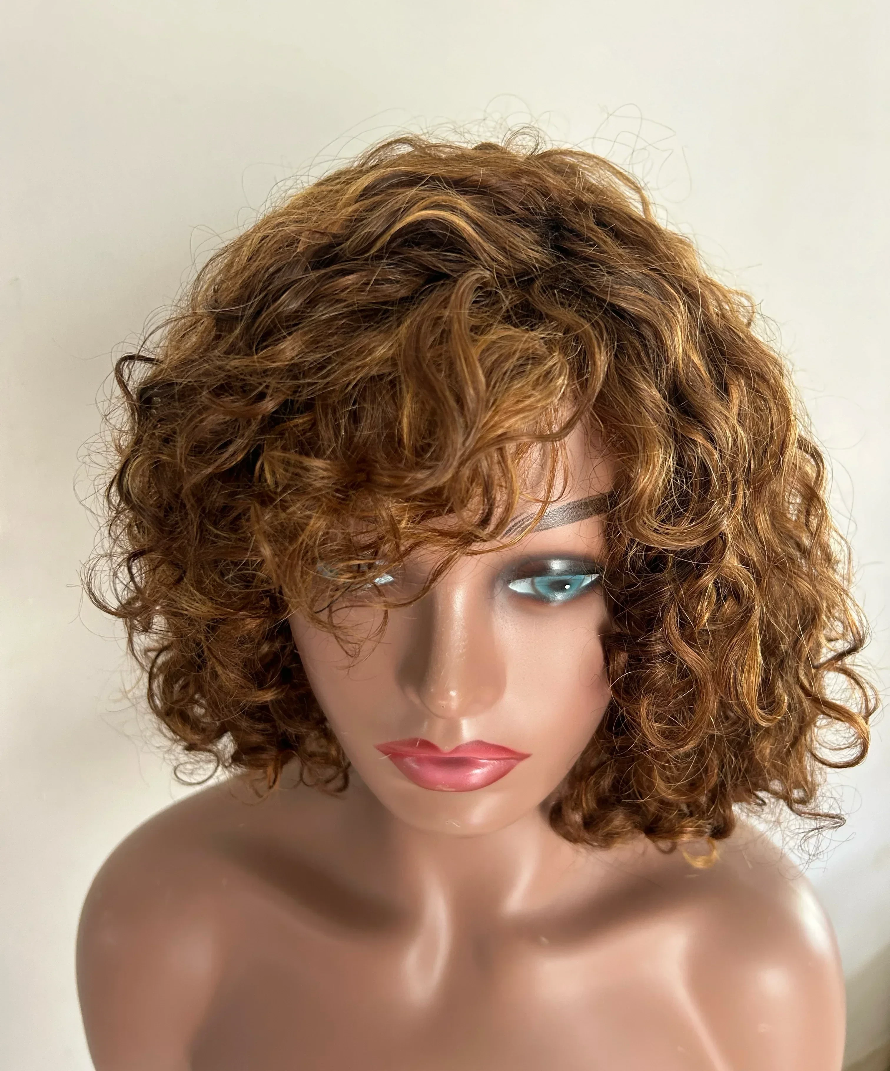 Pelucas cabello humano con flequillo rizado sin pegamento  con reflejos miel onda de agua rubio 3