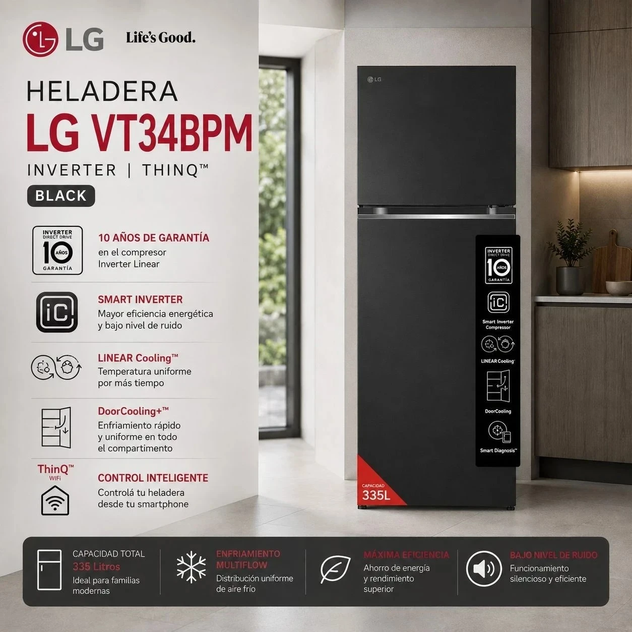  HELADERA LG 335LTS INVERTER VT34BPM TOTAL BLACK