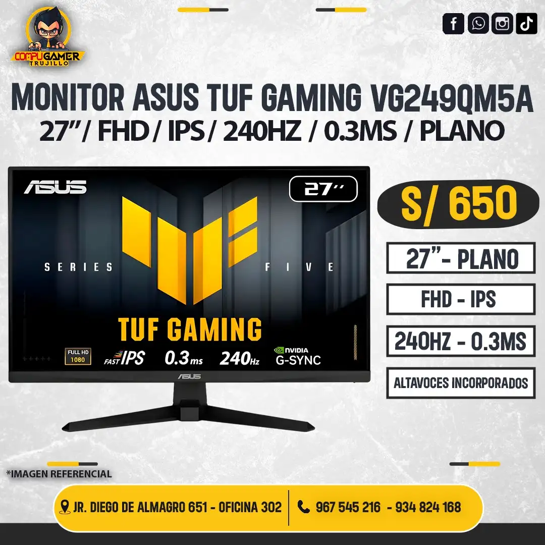 MONITOR ASUS TUF GAMING VG249QM5A, 27", FHD, IPS, 240HZ, 0.3MS, PLANO 