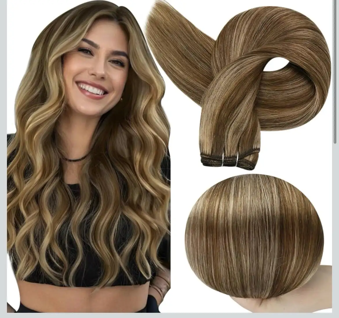 Extensiones de trama de cabello humano real, para coser, 100g, 18 pulgadas, castaño medio con reflejos rubios