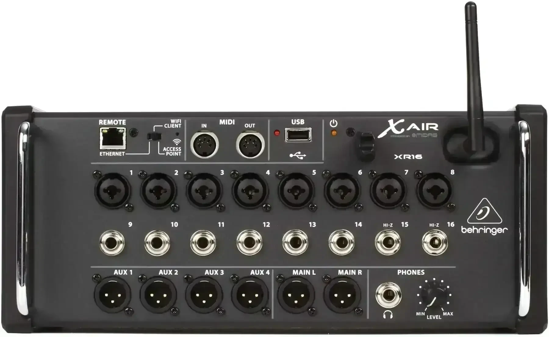 BEHRINGER (XR16)   Mezclador digital de 16 entradas controlado por iPad/Android para aplicaciones de estudio y en directo.Enrutador Wifi Tri-Mode integrado para funcionamiento directo—sin necesidad de enrutadores externosLa mezcla automática de estilo Dugan gestiona automáticamente la ganancia del micrófonoConector USB para grabación WAV estéreo sin comprimir y reproducción100 bandas Analizador de tiempo real (RTA) para todos los canales y bus EQ'sRack orejas y parachoques de protección incluidos para aplicaciones en rack flexibles y aplicaciones en el escenario 6 buses aux y LR principal con inserciones, procesamiento dinámico completo y 6 salidas auxiliares paramétricas o gráficas de 31 bandas EQ4 XLR aux y 2 salidas principales XLR más teléfonos connectorMIDI Entrada/Salida permite controlar el mezclador a través de equipos MIDI (incl. Protocolo de control Mackie)Fuente de alimentación interna de modo conmutador para un audio sin ruido y bajo consumo de energía 2