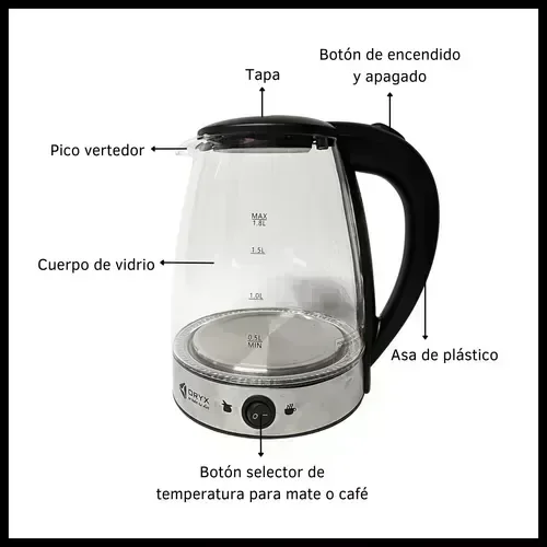 Pava Eléctrica Oryx Jarra Acero y Vidrio 1,8lt Corte Mate 4