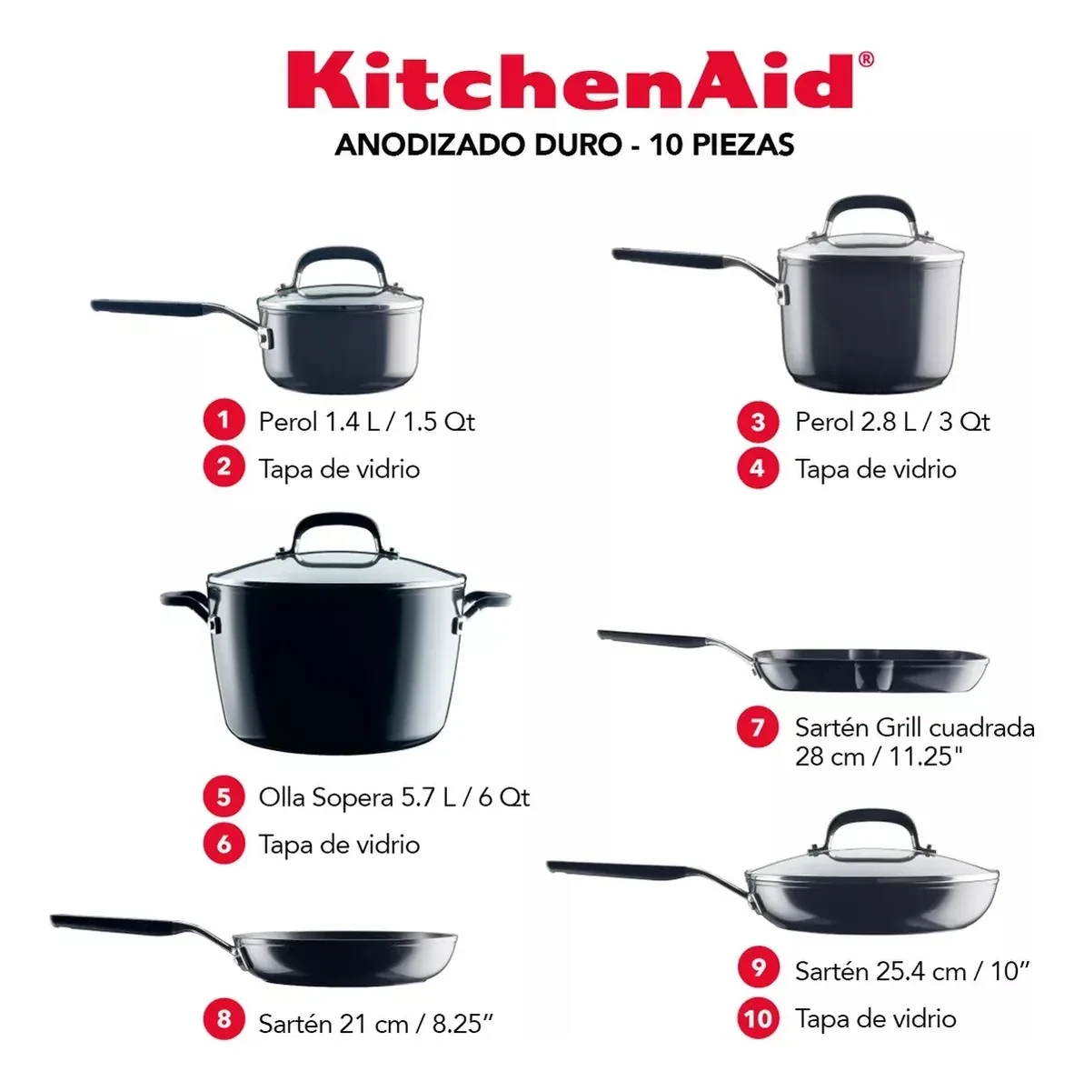 BATERIA DE COCINA 10 PIEZAS KITCHENAID ANTIDHERENTE NEGRO 84800 3