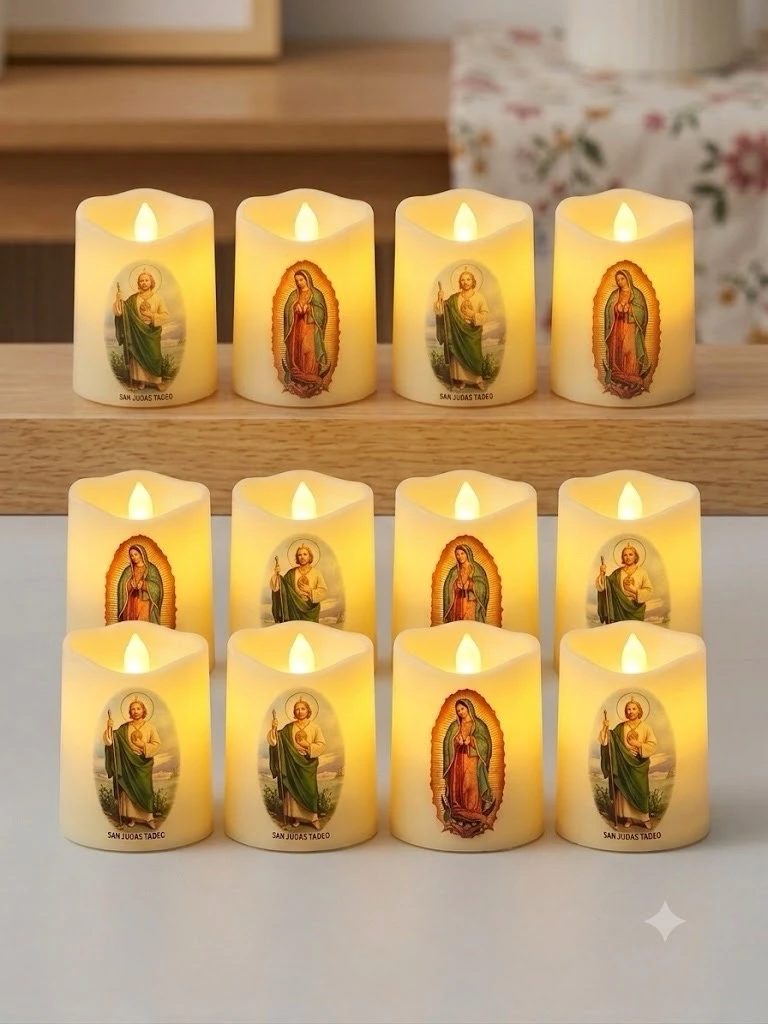 12 velas led 5 cm con imagen de maria y san judas tadeo 